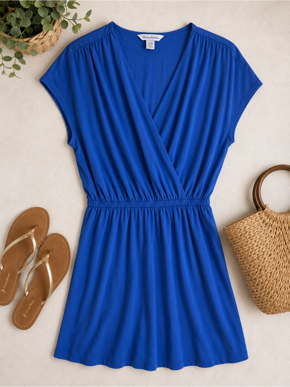 Tommy Bahama Cobalt Blue Faux-Wrap Elastic Waist Mini Dress